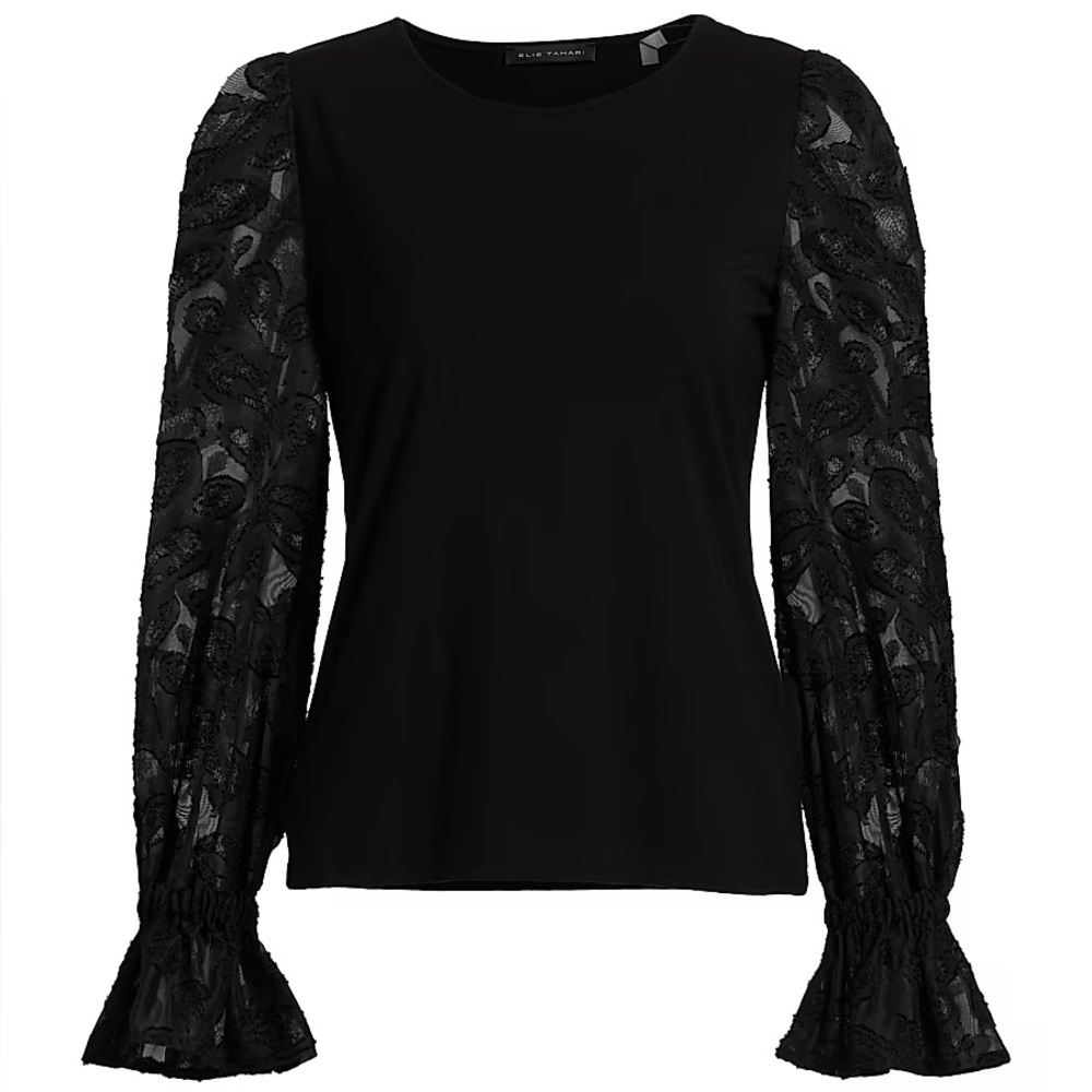 Elie Tahari Black Lace Sleeve Top Size Large